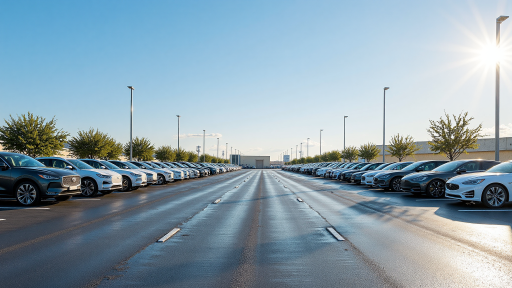Various automotive parts neatly arranged, including engine parts, brake pads, filters, and other heavy truck components